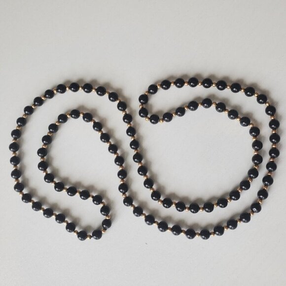 VICTORIAN BLACK ONYX &14K Yellow GOLD Beaded STRAND Necklace Antique f/ 1800's - Picture 7 of 8